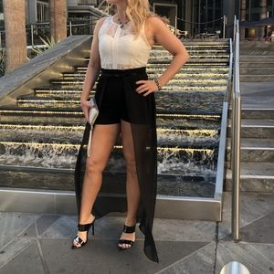 Romper White lace bodice w black shorts &  sheer split-train